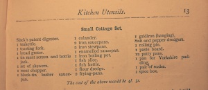 Requirements for a cottage kitchen, from Warne's Model Cookery, 1890s. (authored by Mary Jewry).